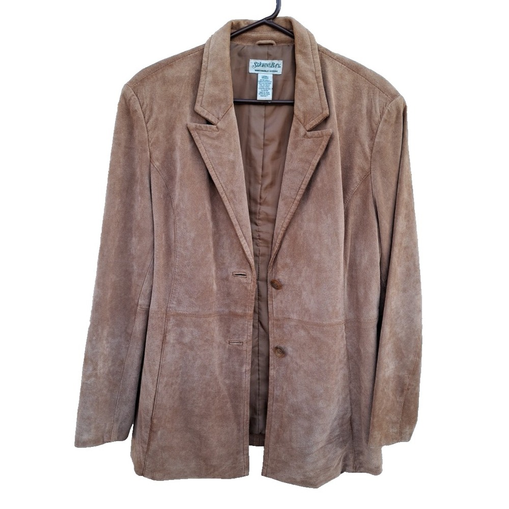 St John's Bay Women's Leather Washable Suede Beige Long Sleeve Jacket LARGE